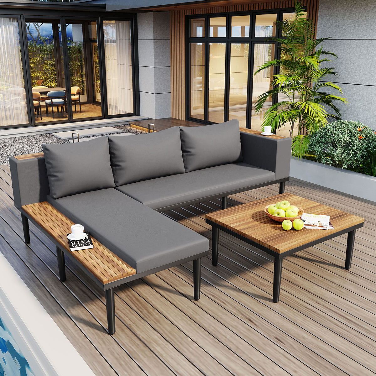 variant-group:rf-n704f201251e|Roomfitters L-Shaped Outdoor Sectional Sofa Set with Built-in Wood Side Tables and Coffee Table, Patio Conversation Set, Gray