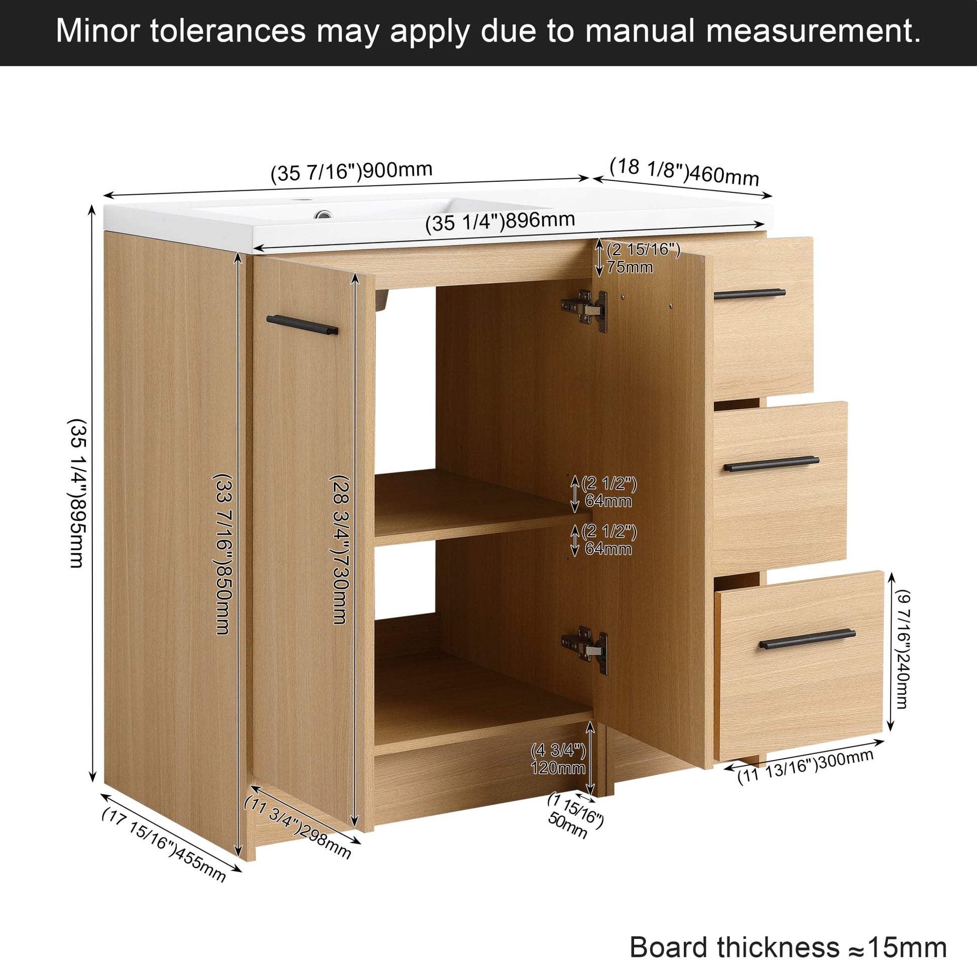 36" Modular Freestanding Bathroom Vanity with 36" Resin Sink Top, Light Oak, 2-Piece Cabinet (24" 2-Door + 12" 3-Drawer), KD Cabinet, Includes Black & Brushed Aluminum Handles Roomfitters