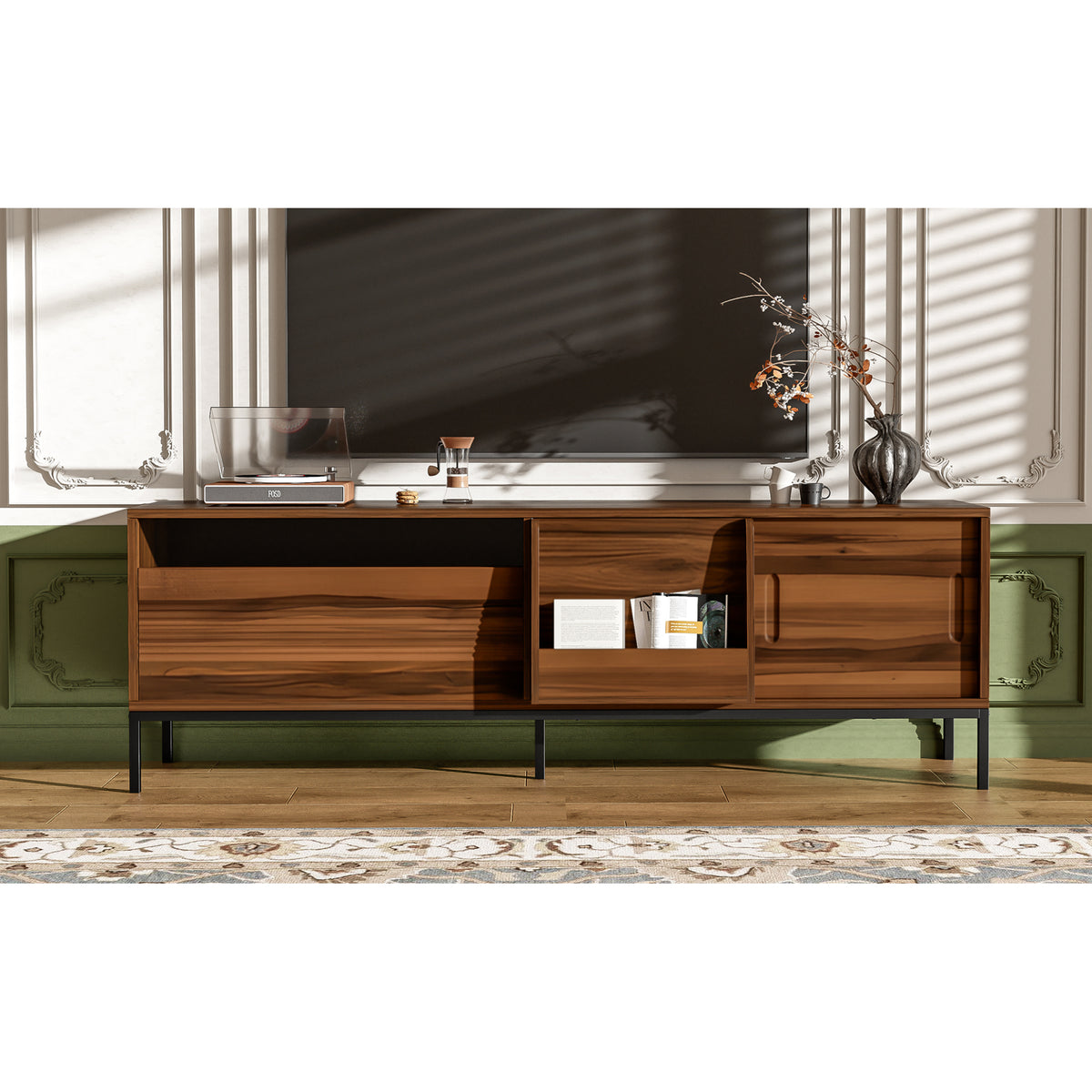 variant-group:rf-n724p360370d|Roomfitters Mid-Century Modern 70" TV Stand Console with Sliding Doors, Brown