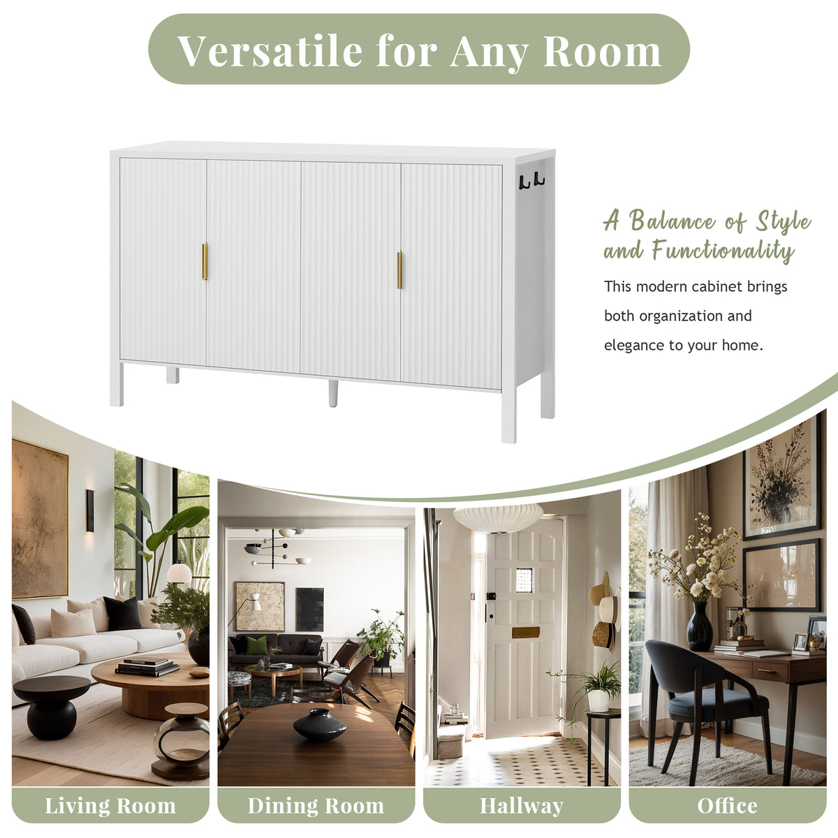 variant-group:rf-n711p345170k|Roomfitters 57.5" Sideboard Buffet Cabinet with 3 Door Mid-century Modern Fluted Storage for Kitchen & Dining Room, White