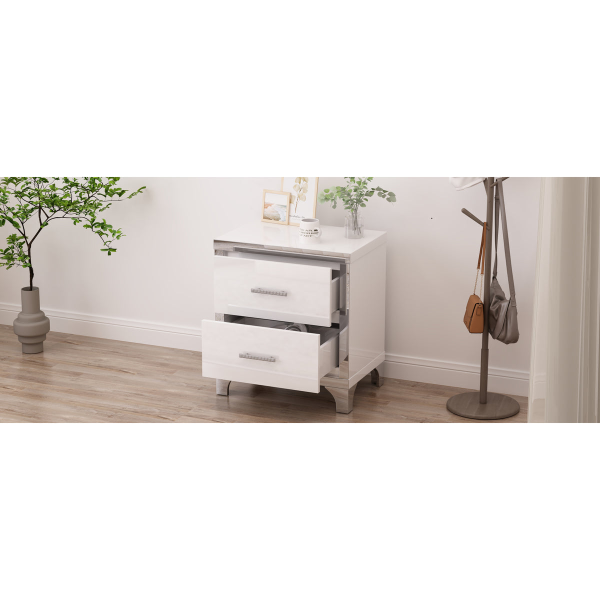 variant-group:rf-n733p205356k|Roomfitters High Gloss Nightstand with Metal Handle, Mirrored Bedside Storage Table for Bedroom or Living Room, White