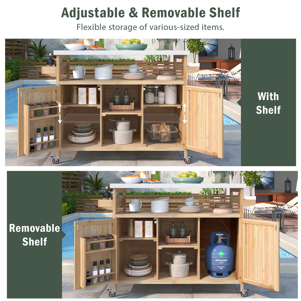variant-group:rf-n707wf532198aay|Roomfitters Outdoor Kitchen Island Rolling Bar Cart & Storage Cabinet, Farmhouse Solid Wood Outdoor Grill Table with Stainless Steel Top, Spice Rack, Towel Rack for Kitchen & Barbecue, Natural
