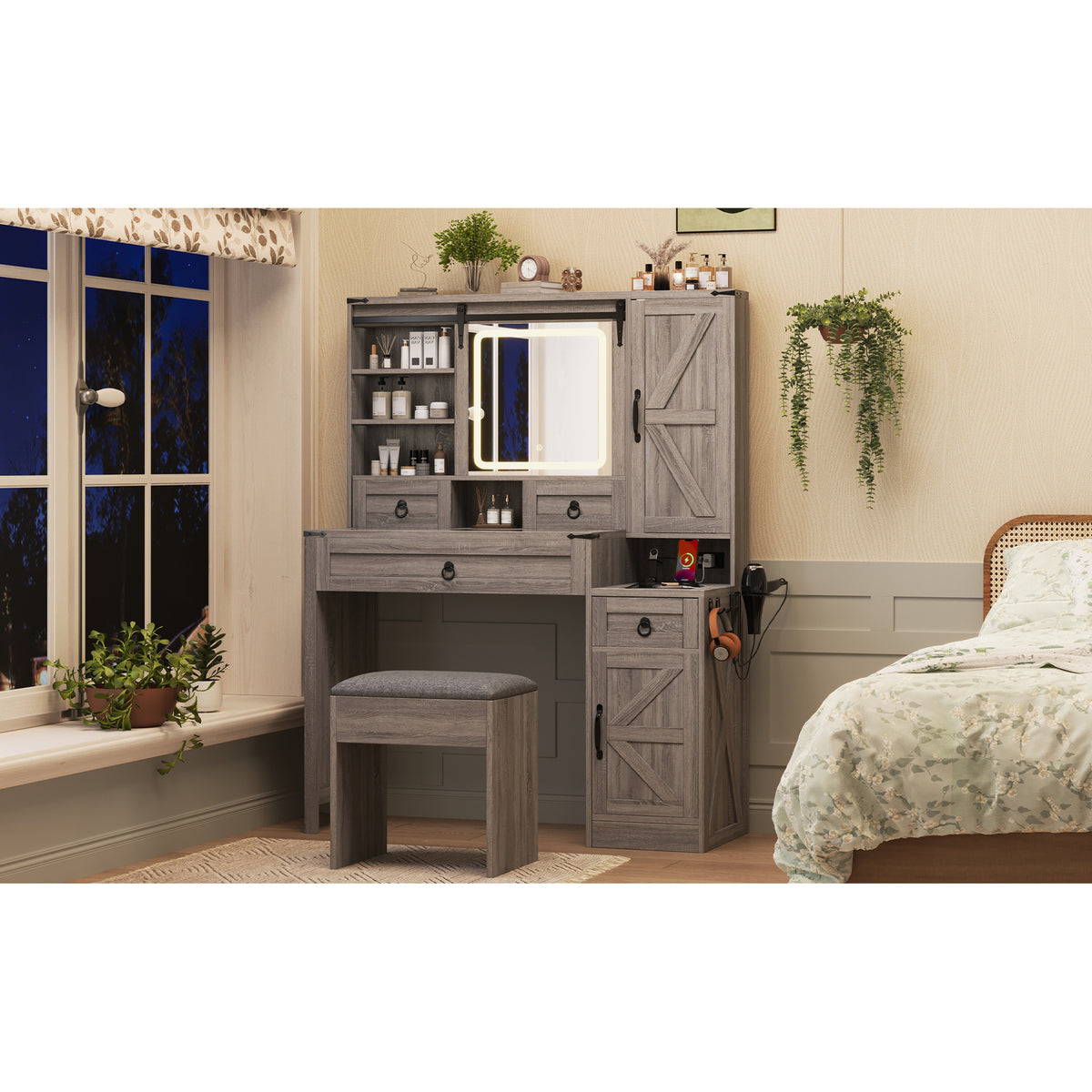 variant-group:rf-n733p340562g|Roomfitters Farmhouse Vanity Desk with Sliding Mirror & Lights, Glass Top, Charging Station, 4 Drawers, 2 Cabinets, Stool, Gray
