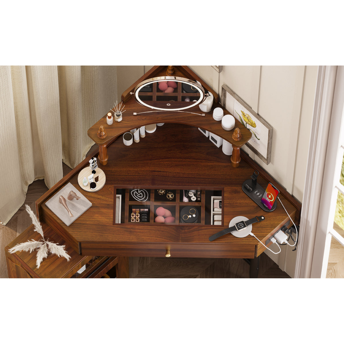 variant-group:rf-n733p336237d|Roomfitters Corner Vanity Desk Set with Stool, Charging Station, Glass Top, Drawer, Shelf, Pull-Out Cabinet, Walnut