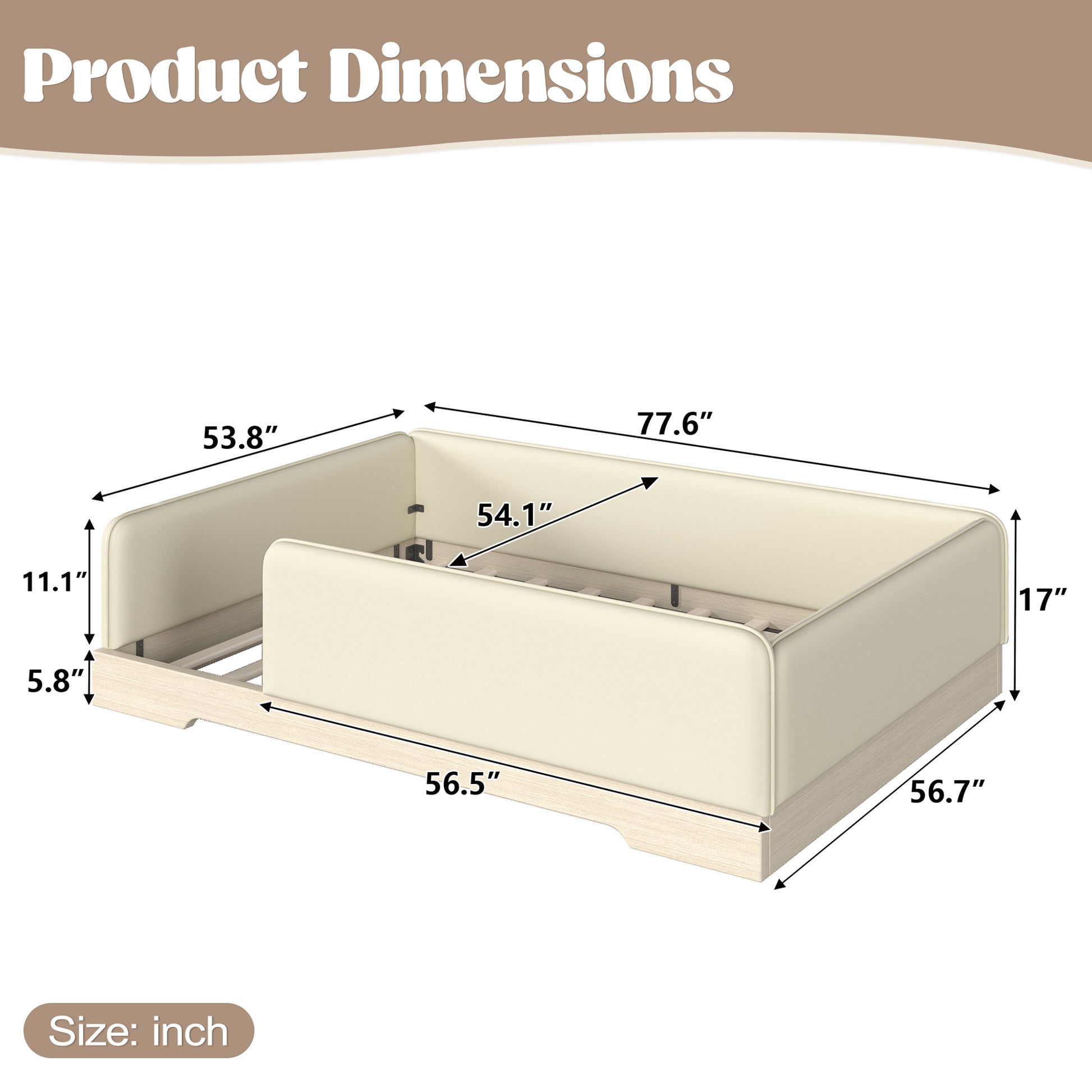variant-group:rf-w1580s00671|Roomfitters Full Size Upholstered Floor Bed Frame with Removable Guardrails, Faux Leather Low Profile Platform, Beige
