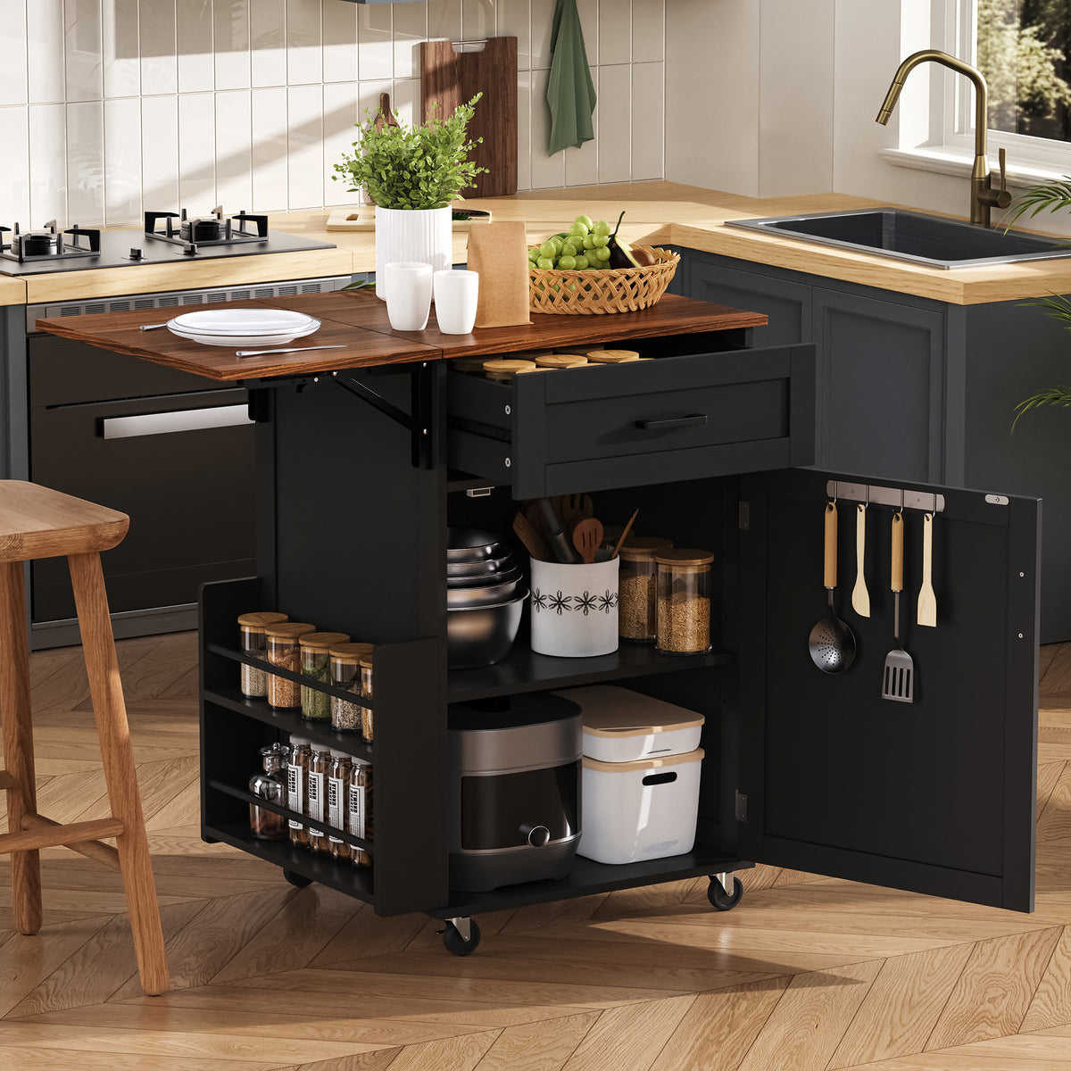 variant-group:rf-n707p404539b|Roomfitters 39.3" Kitchen Island with Drop Leaf, Rolling Kitchen Cart with Storage Drawer and Spice Rack, Modern Style, Black