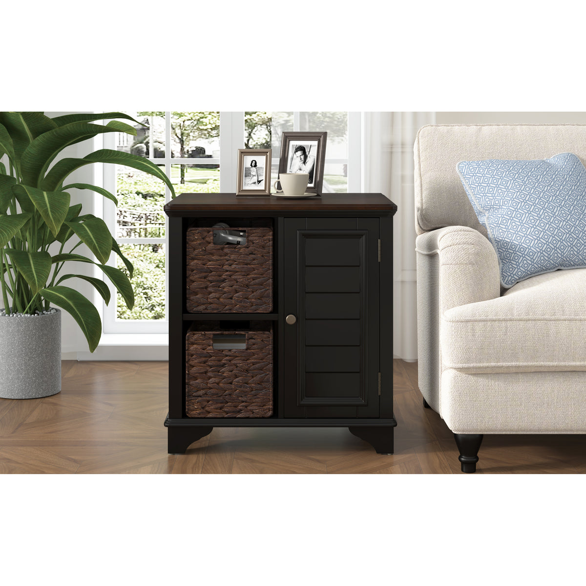 variant-group:rf-n724p401353b|Roomfitters American Style Louvered Side End Table with 2 Grass Storage Baskets, Black