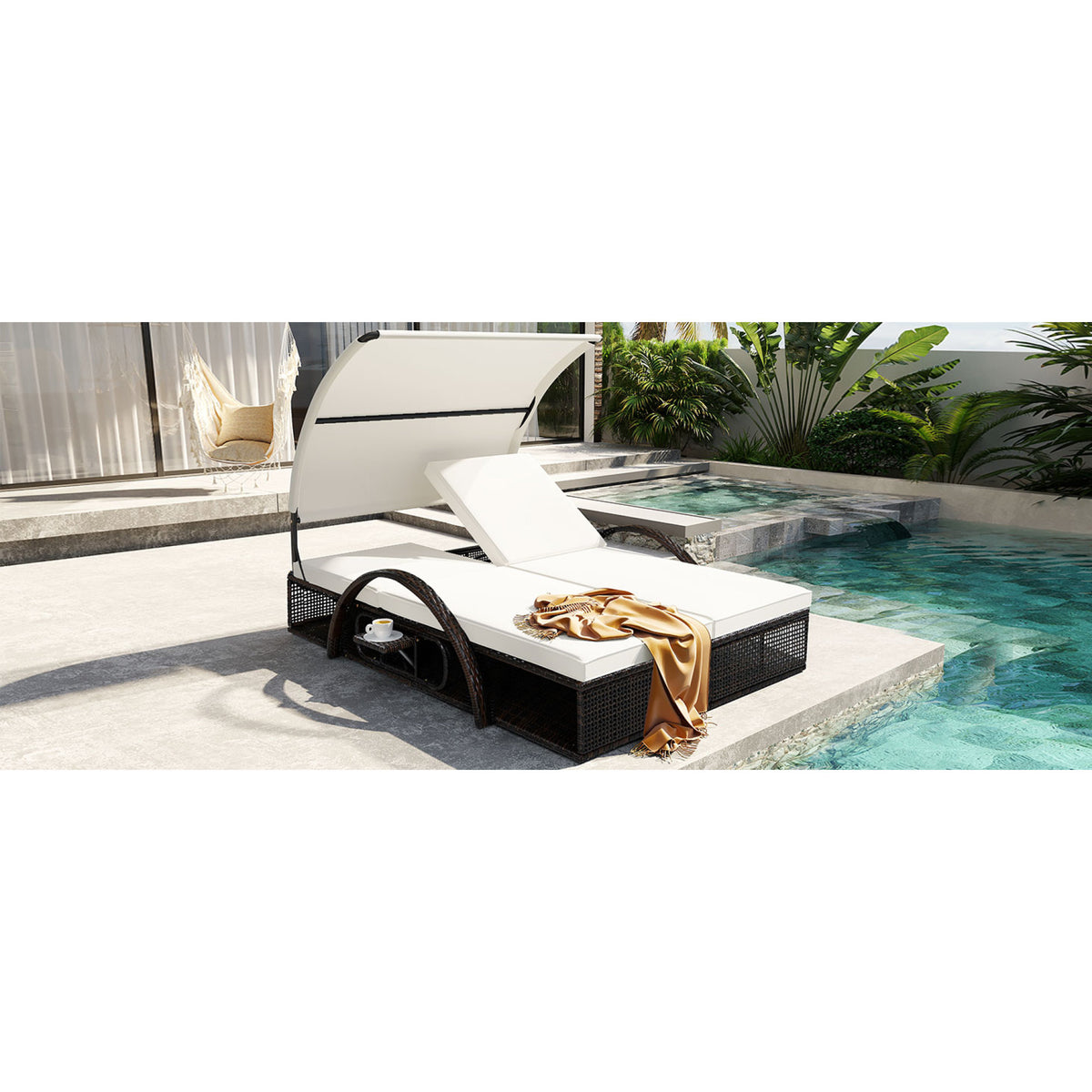 variant-group:rf-n711wy000485aaa|Roomfitters Beige HDPE Wicker Outdoor Double Sunbed, Steel Frame Patio Chaise, Hidden Side Tables, Canopy Shade