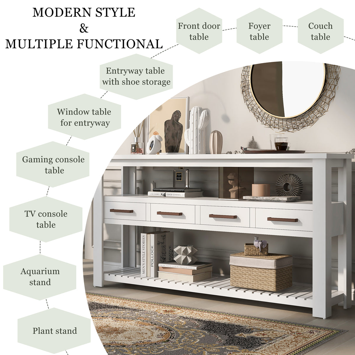 variant-group:rf-n711p410406k|Roomfitters 61.5" Entryway Table with 4 Drawers, 3-Tier Console Sofa Table with Open Shelves for Hallway, White