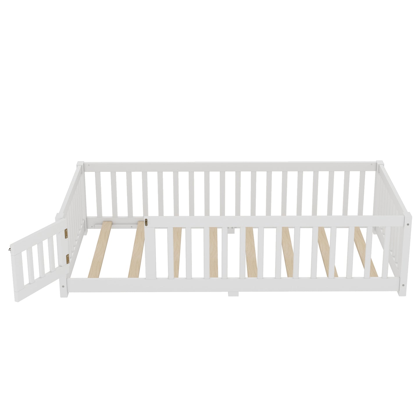 variant-group:rf-w1580p338944|Roomfitters Wooden Twin Floor Bed Frame with Door & Safety Guardrails, Low Platform Design for Bedroom or Playroom, White