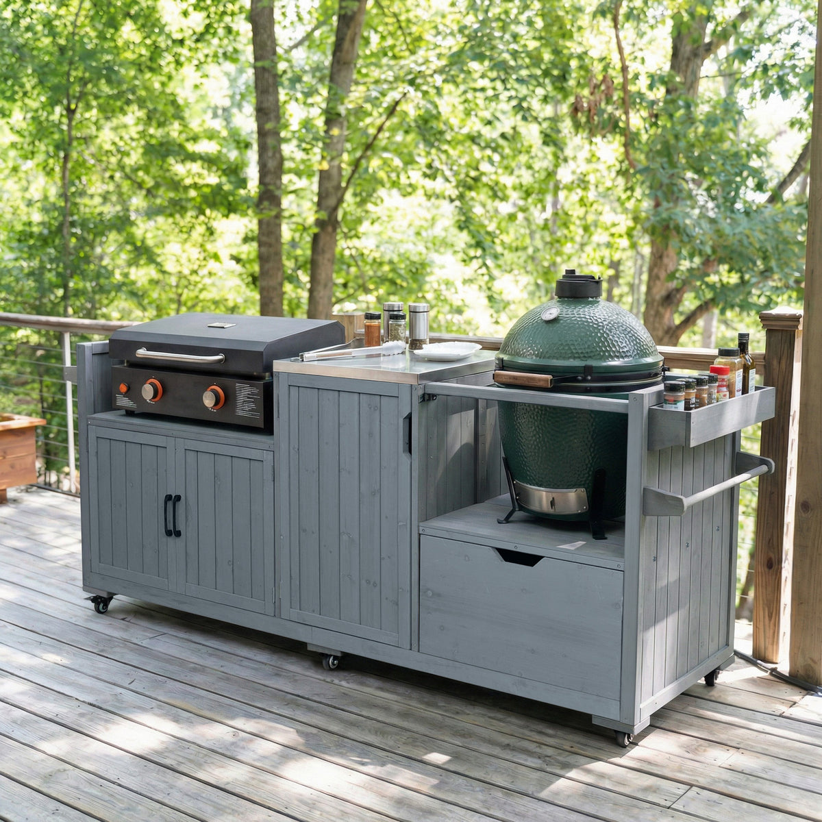 variant-group:rf-n707p392140g|Roomfitters 80.5" Extra Large Grill Cart, Outdoor Kitchen Prep Station with Stainless Steel Top & Kamado Grill Stand, Grey+Blue