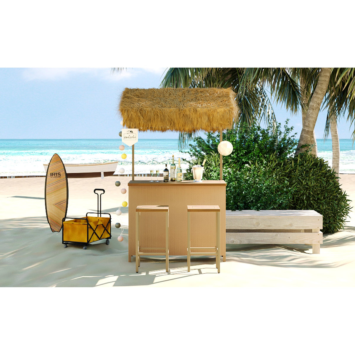Roomfitters Bar Height Patio Set with PE Grass Canopy, Outdoor Bar Table and Stools, Hawaiian-style Acacia Wood Top, Natural Roomfitters