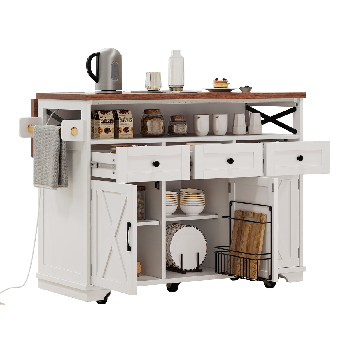 variant-group:rf-n707p254872w|Roomfitters 46.5" Rolling Kitchen Island with Drop Leaf, Mobile Cart with 2 AC Outlets & USB, Beaded Drape & 3 Drawers, White