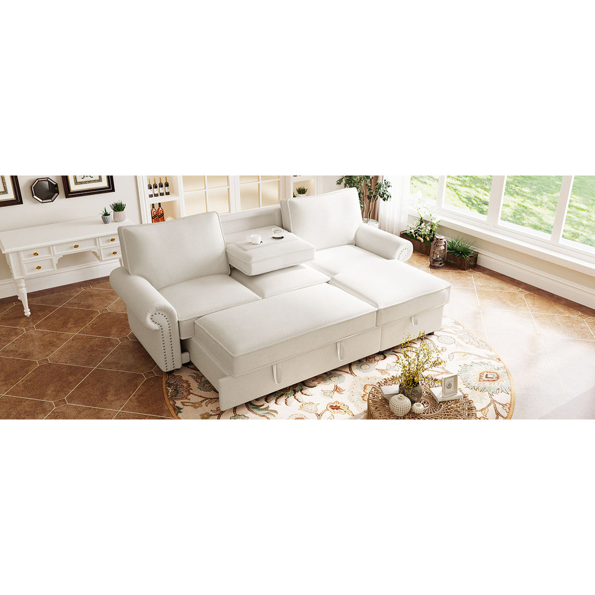 variant-group:rf-n711wy000466aaa|Roomfitters 95" Convertible Sectional Sleeper Sofa L-Shaped Couch with Storage Chaise and Pull Out Bed for Living Room, Beige