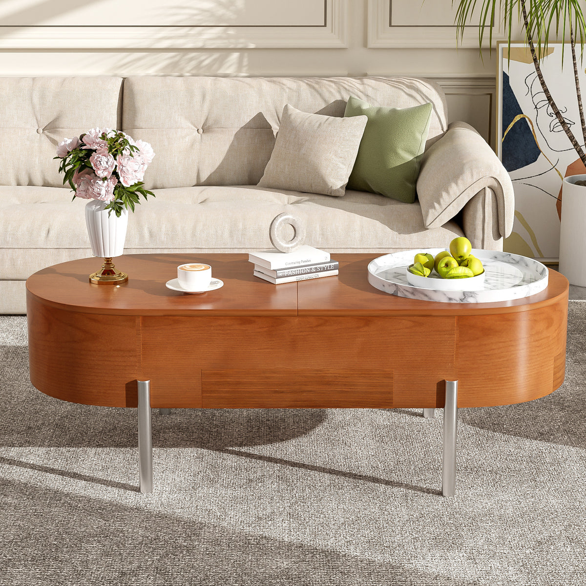 variant-group:rf-n724p228920d|Roomfitters Lift Top Oval Coffee Table with Rotating Marble Tray and Hidden Compartment, Brown