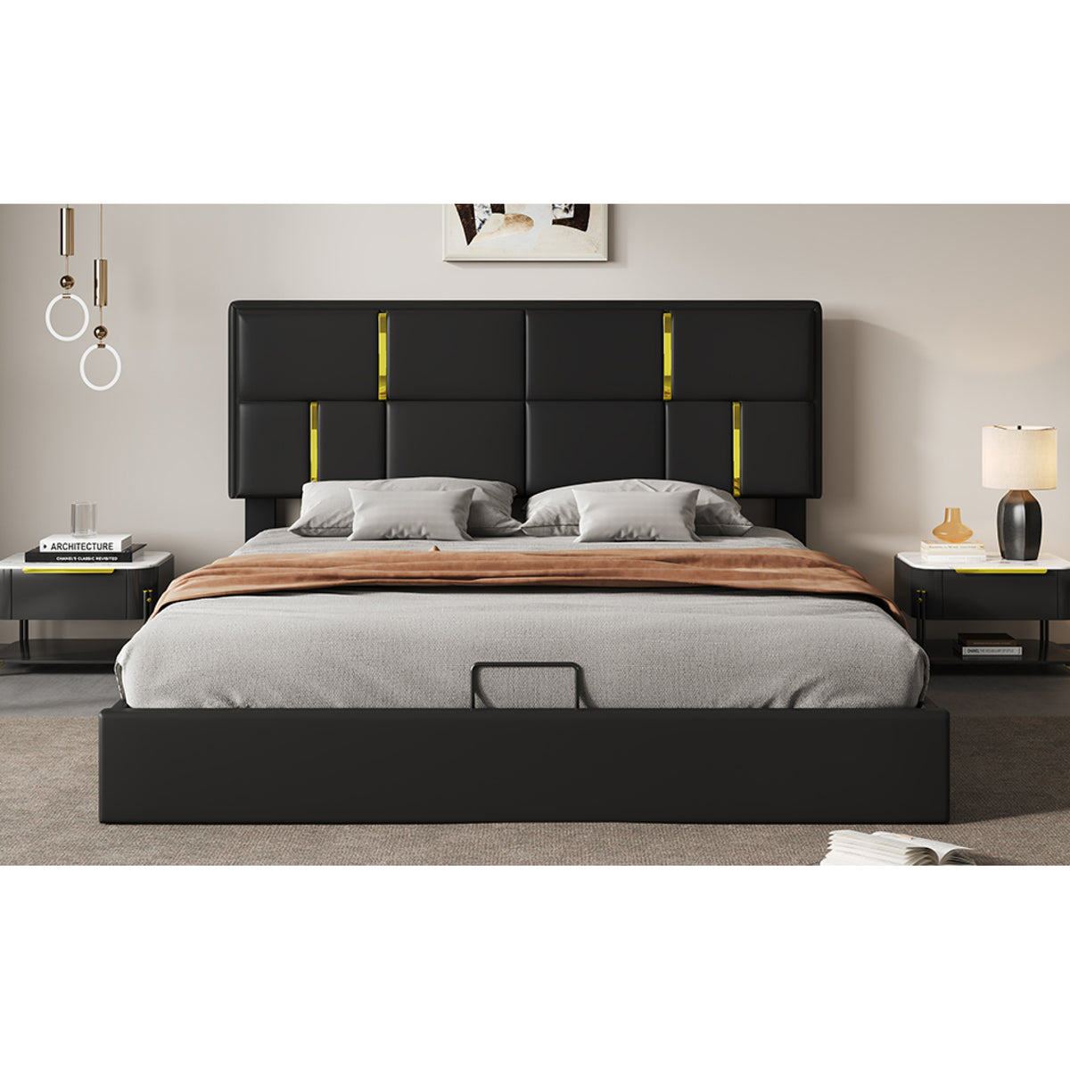 variant-group:rf-n733s362241b|Roomfitters Queen Upholstered Platform Bed with Hydraulic Storage Lift, Modern Bed Frame, No Box Spring Required, Black