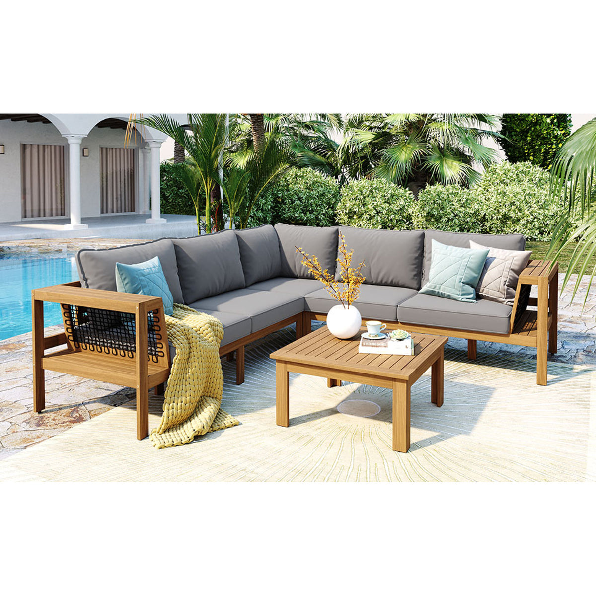 variant-group:rf-n704f201249e|Roomfitters 4-Piece Outdoor Sectional Sofa Set with Coffee Table and Built-in Side Shelves, Wood Frame, Gray+Natural
