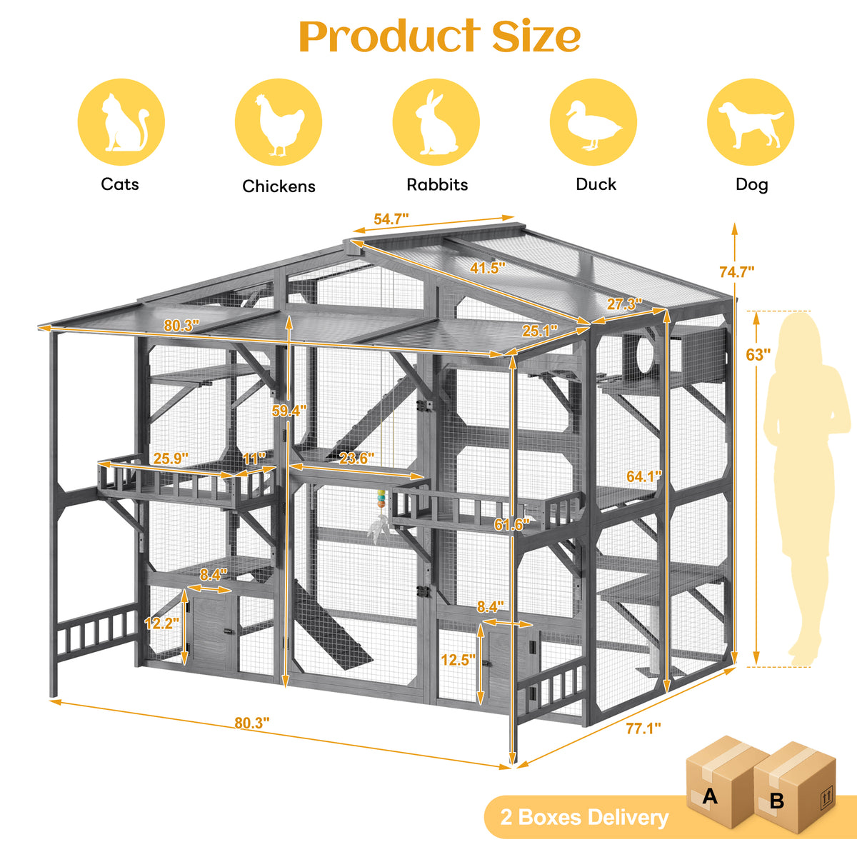 variant-group:rf-n704g201620e|Roomfitters Extra Large Wood Catio Cat Cage Outdoor Kennel with Transparent Sunroof and Dual Storage Shelves Gray