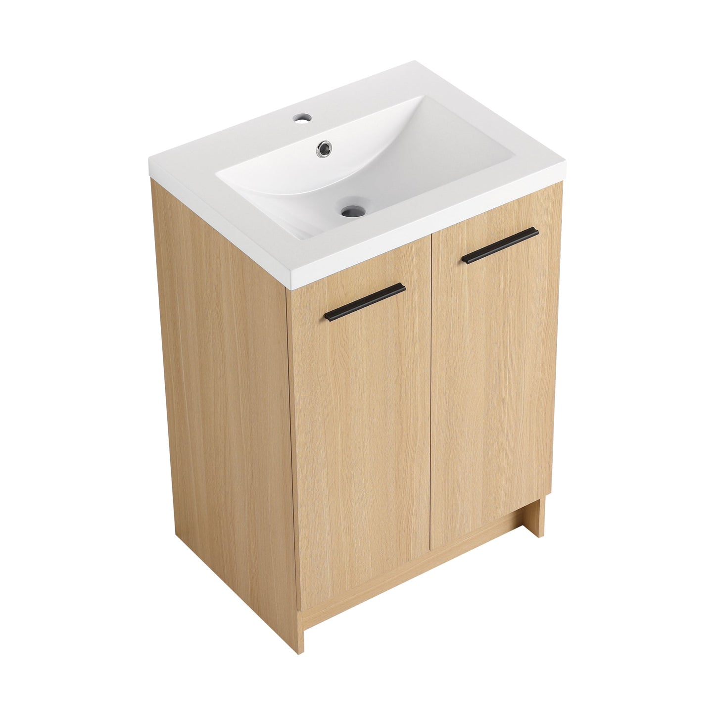 24" Freestanding Bathroom Vanity with Resin Sink, Light Oak, Double Door Storage, KD (Ready-to-Assemble), Includes Black & Brushed Aluminum Handles Roomfitters