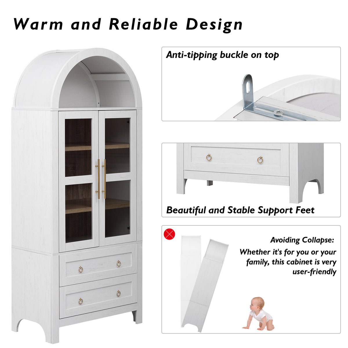 variant-group:rf-n707p288972w|Roomfitters 71" Pantry Cabinet with Arched Top and Glass Doors, 2 Storage Drawers and Adjustable Shelves for Kitchen, White