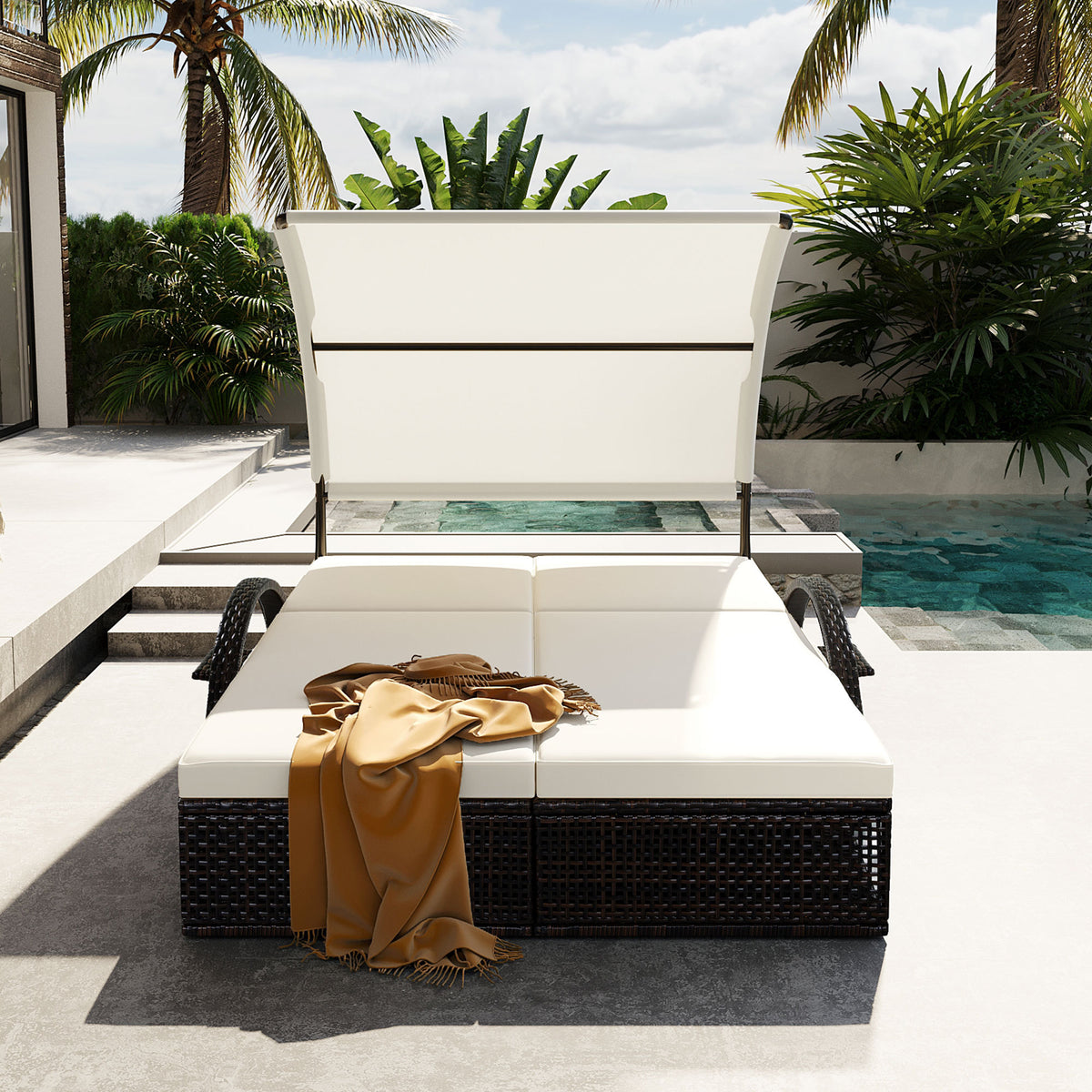 variant-group:rf-n711wy000485aaa|Roomfitters Beige HDPE Wicker Outdoor Double Sunbed, Steel Frame Patio Chaise, Hidden Side Tables, Canopy Shade