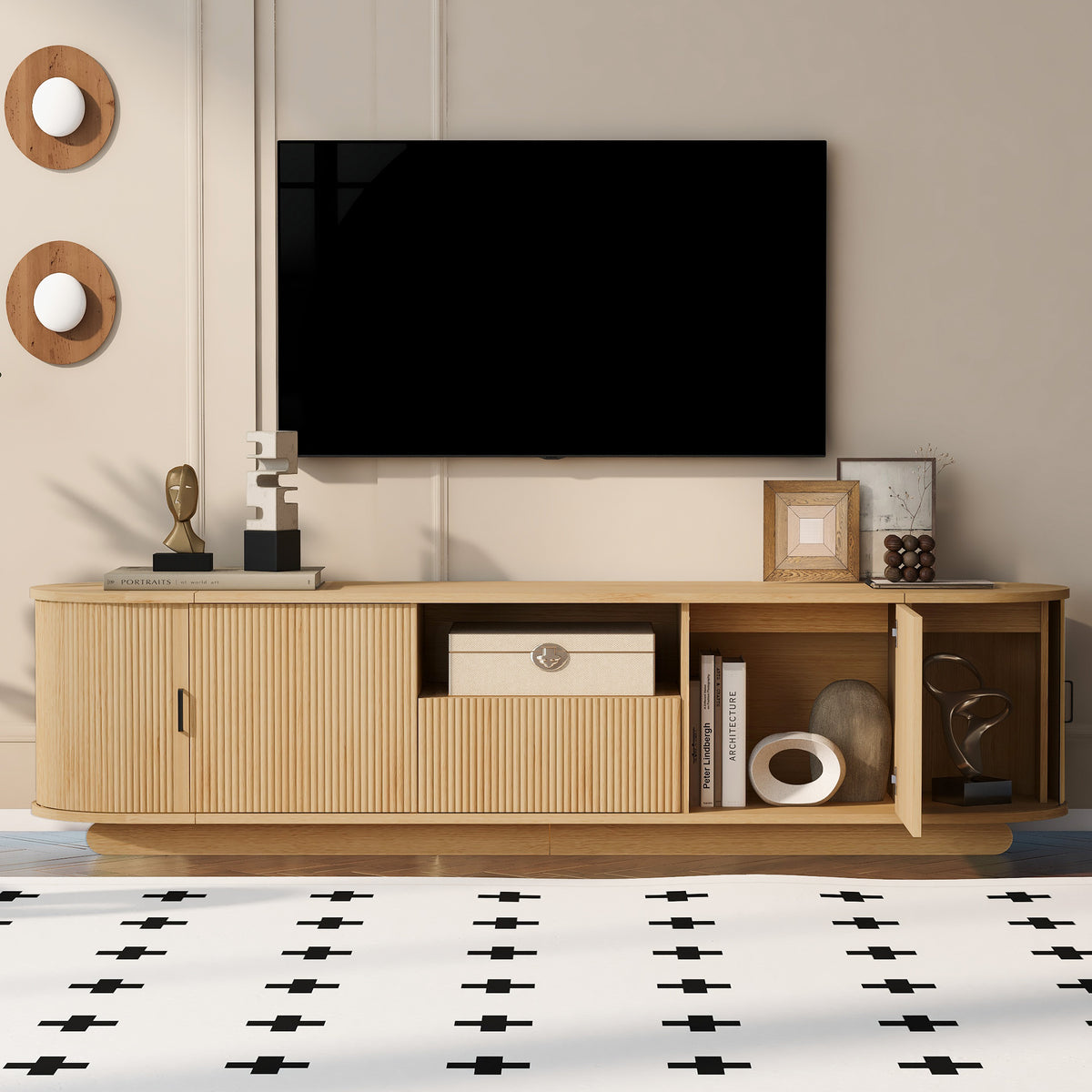 variant-group:rf-n724p420628w|Roomfitters American Style TV Stand Console with Hidden Sliding Doors, Large, Acacia Wood