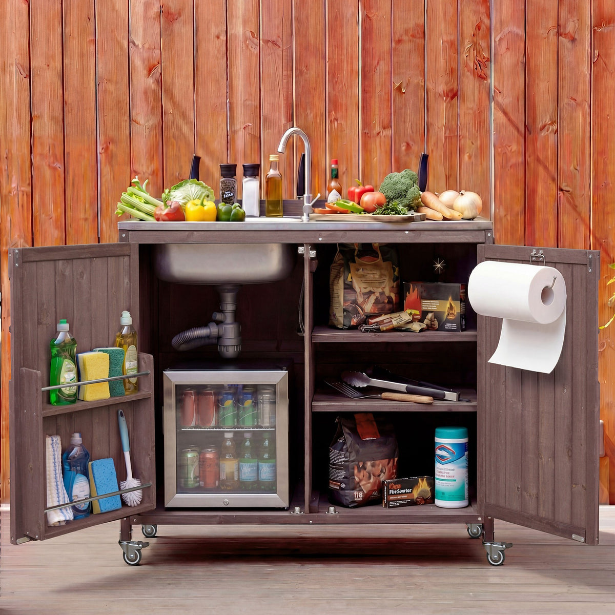 variant-group:rf-n707p370281z|Roomfitters 39.4" Outdoor Grill Cart with Stainless Steel Top, Prep Station with Sink and Storage Cabinet, Dark Brown