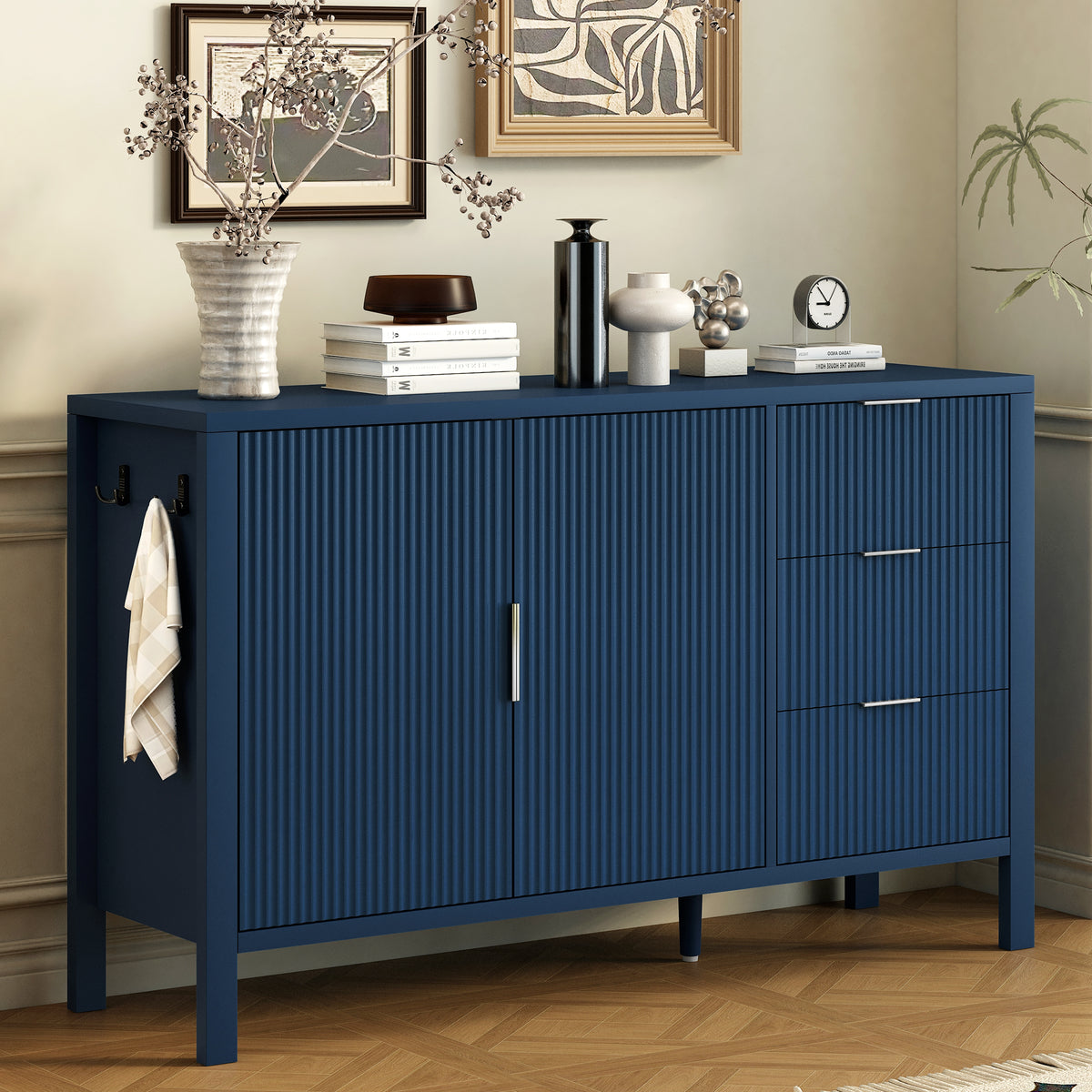 variant-group:rf-n711p345172v|Roomfitters Sideboard Buffet Cabinet with 3 Drawers, 2 Door Mid-century Fluted Accent Storage for Kitchen & Dining, Navy Blue