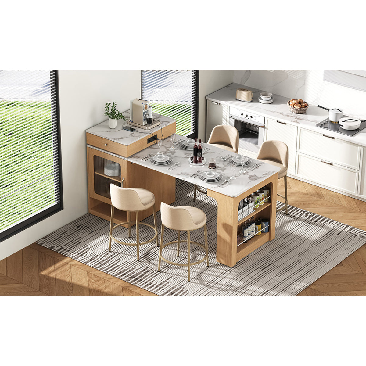 variant-group:rf-n707s000017y|Roomfitters 59.5" Kitchen Island with 41.8" Extendable Dining Table, Double-Sided Storage, Power Outlet, 2 Drawers, Natural