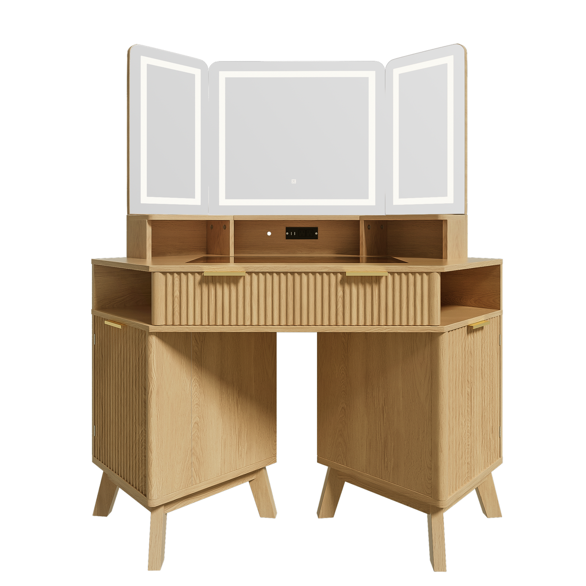 variant-group:rf-n704p392485n|Roomfitters 47.2" Corner Makeup Vanity Desk with 3-Panel LED Mirror, Glass Top, Charging Station and Storage Hutch, Oak