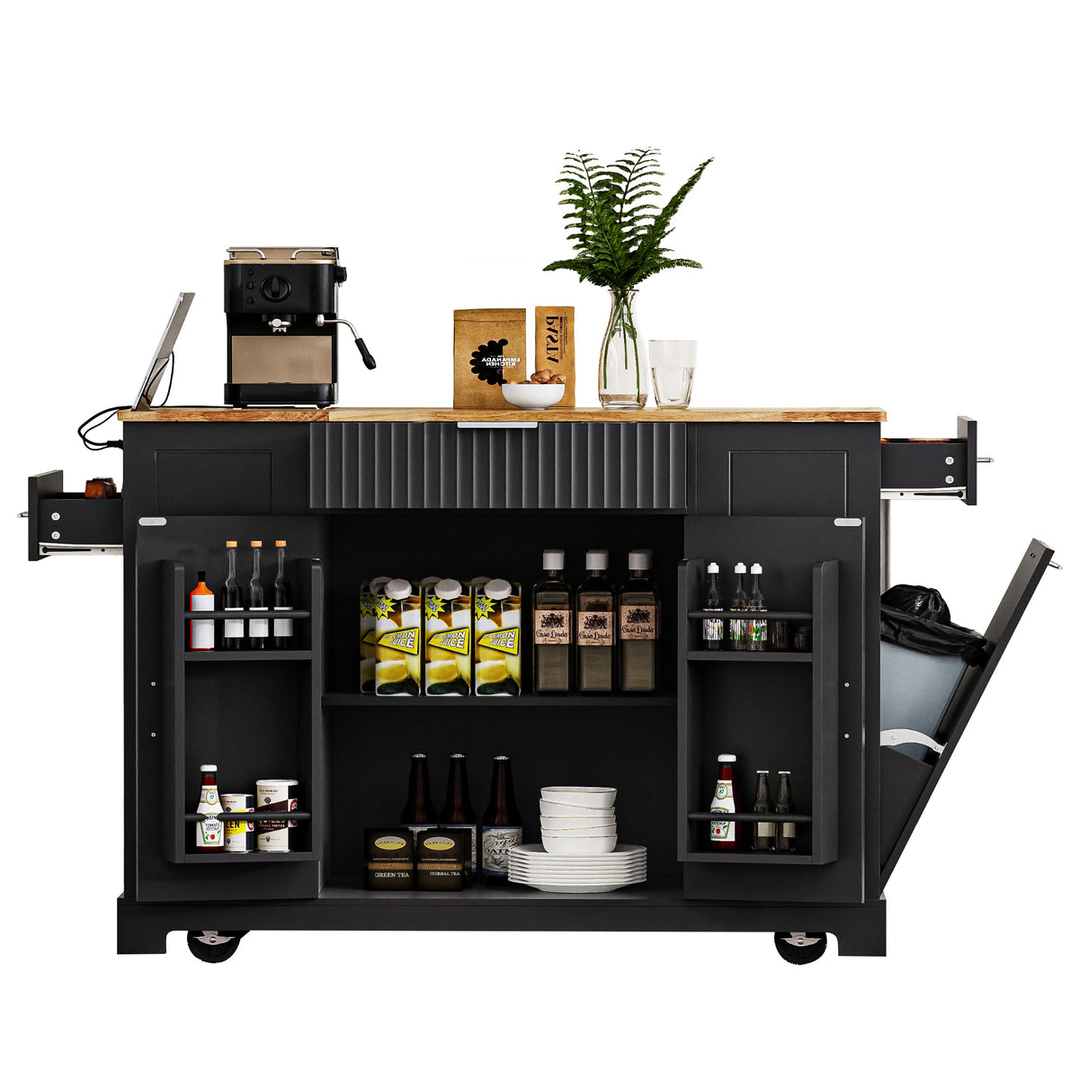 variant-group:rf-n707s221571b|Roomfitters Kitchen Island with Tilt Out Trash Can and Power Outlet, Fluted Storage Cabinet on Wheels, Black