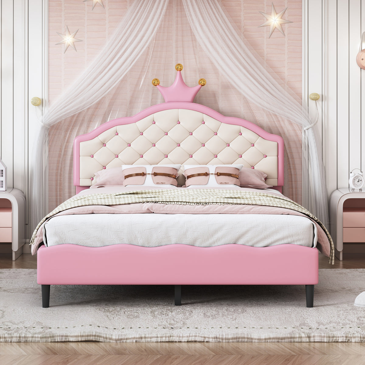 variant-group:rf-n733p198762h|Roomfitters Full Size Upholstered Princess Bed with Crown Design, Elegant PU Leather Platform Bed with Tufted Headboard for a Stylish Bedroom, Pink + Cream