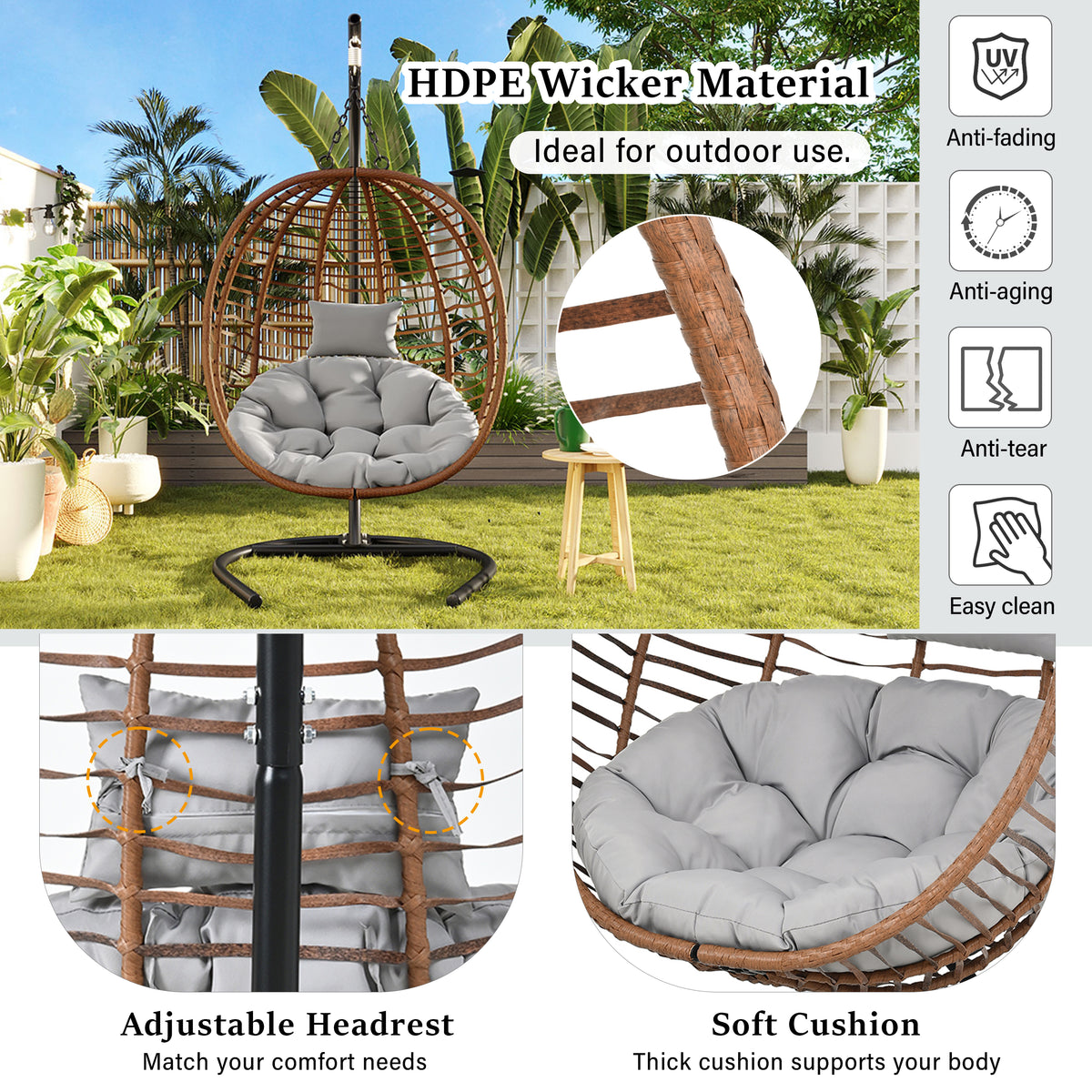 variant-group:rf-n711p389503g|Roomfitters Single Person Folding Egg Chair with Stand, UV Resistant Wicker Rattan Swing for Patio, Garden, Brown+Gray
