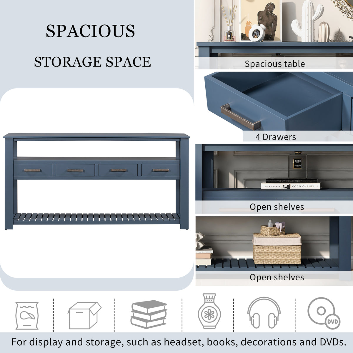 variant-group:rf-n711p410406v|Roomfitters 61.5" Entryway Table with 4 Drawers, 3-Tier Console Sofa Table with Open Shelves for Hallway, Navy Blue