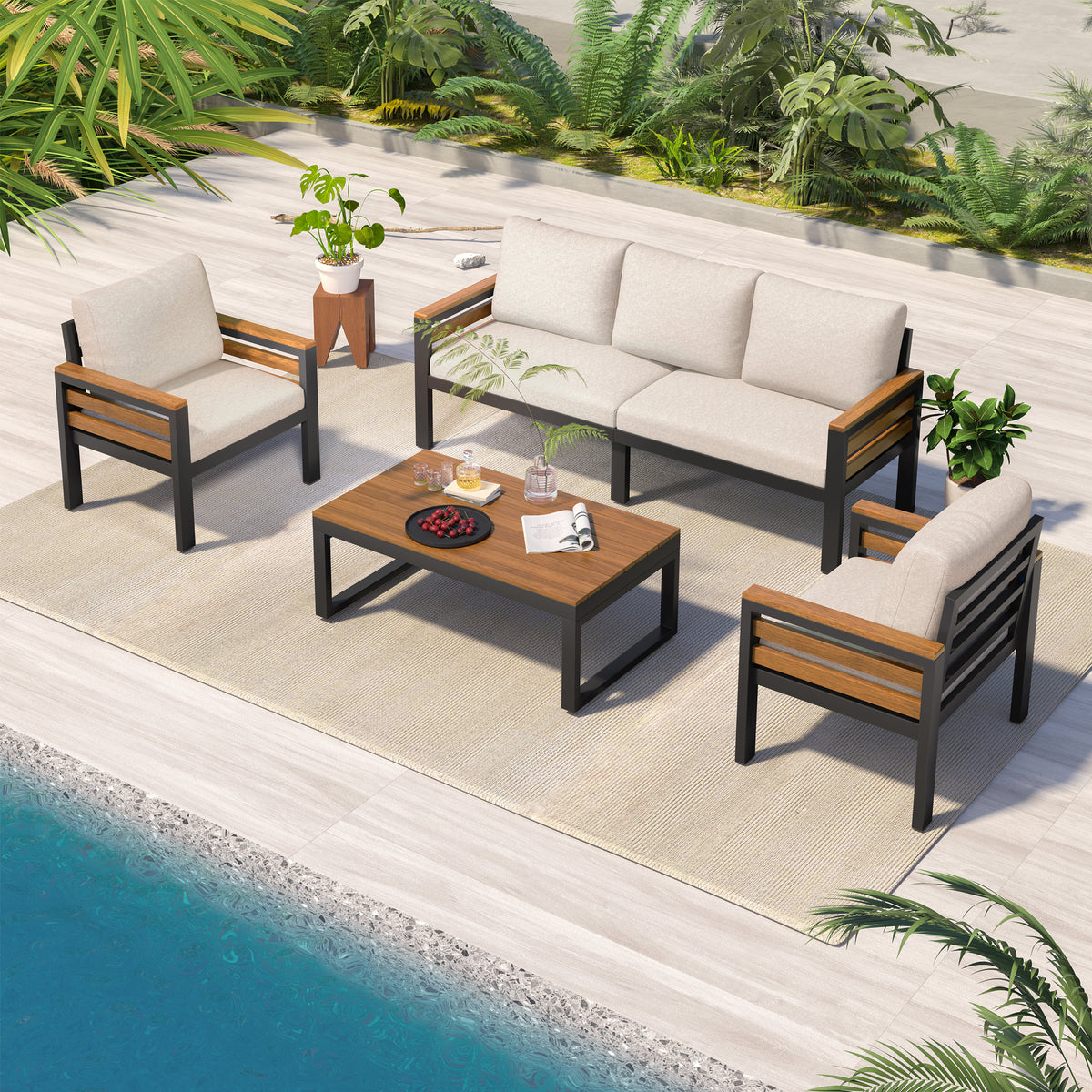 variant-group:rf-n704f201246a|Roomfitters 4-Piece Outdoor Patio Furniture Set with 3-Seater Sofa, 2 Armchairs and Coffee Table, Wood Accents, Beige