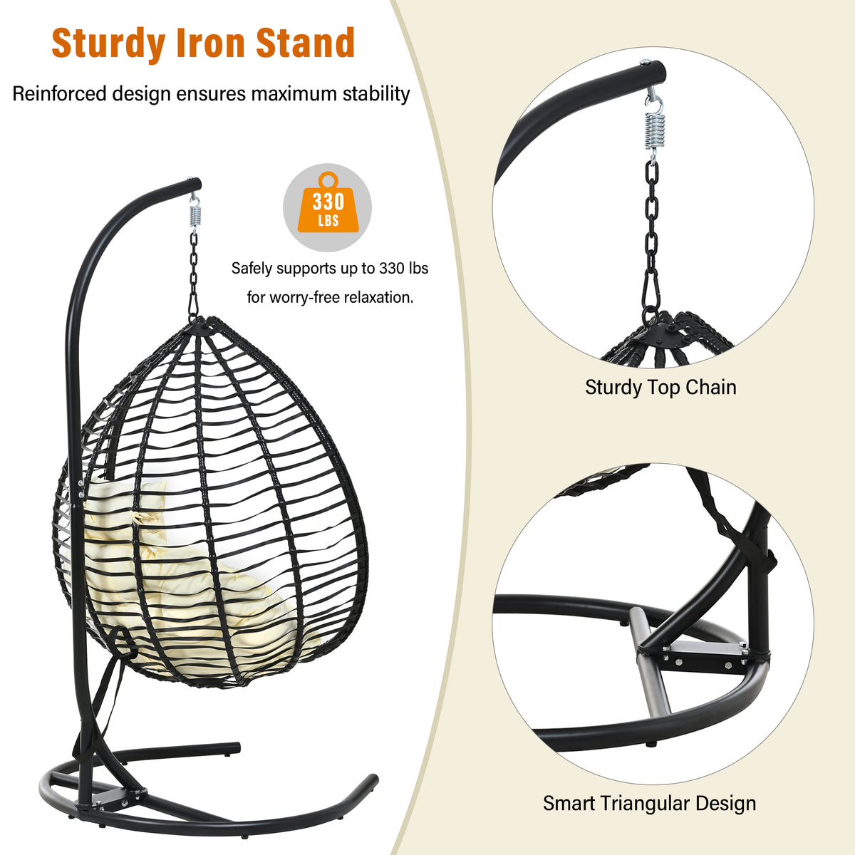variant-group:rf-n711p389502a|Roomfitters Indoor Outdoor Hanging Egg Hammock Chair with Stand, Wicker Rattan Swing for Patio and Bedroom, Black+Beige