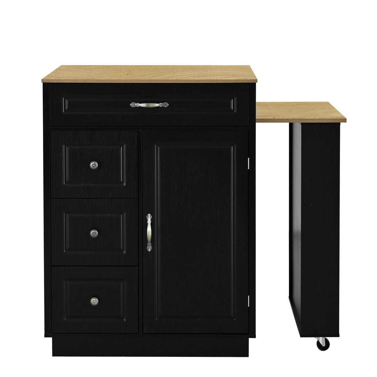 variant-group:rf-n711wy000493aab|Roomfitters Black and Natural Wood MDF Extendable Bar Cabinet, Rolling Kitchen Island Table, Wine Rack Storage