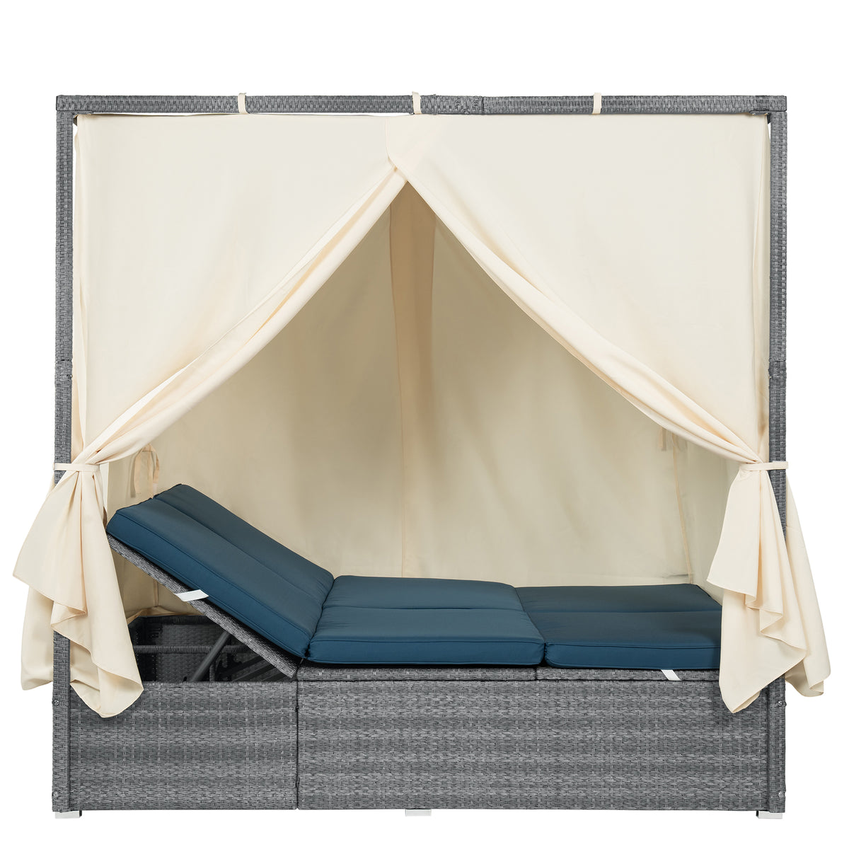 variant-group:rf-n711wy000471aac|Roomfitters Modern Tropical Dark Blue PE Rattan Outdoor Double Sun Lounger, Patio Daybed, Adjustable Recline, Canopy