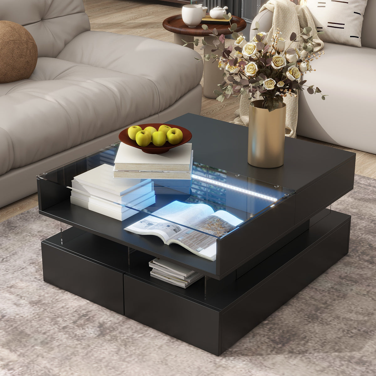 variant-group:rf-n724p290043b|Roomfitters Lift-Top Square Coffee Table with Glass Surface, Hidden Storage, High Gloss Finish, Black