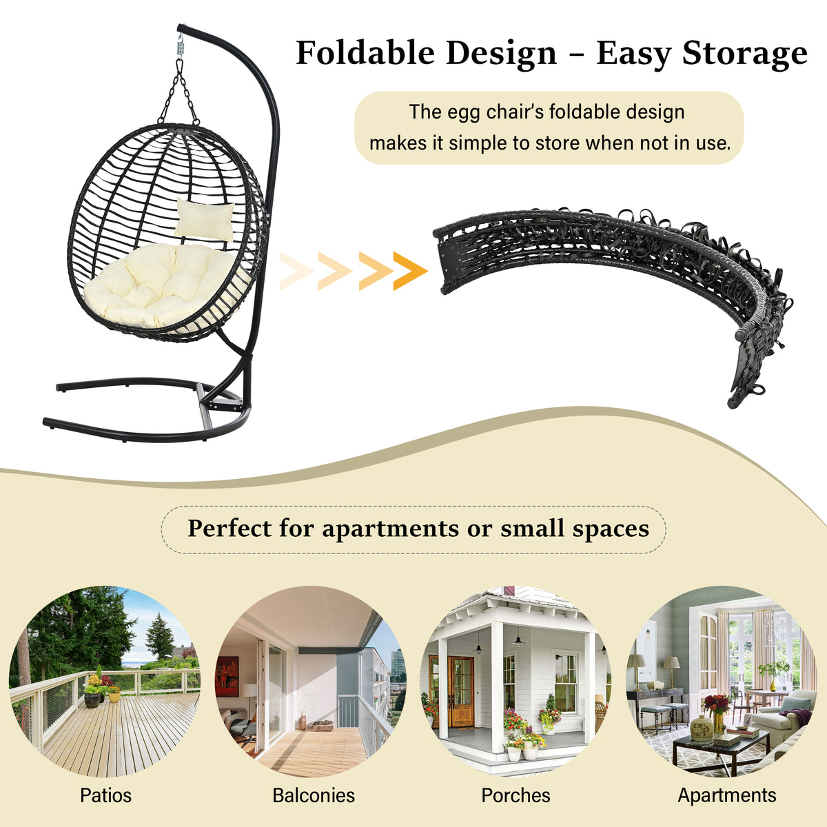 variant-group:rf-n711p389503a|Roomfitters Single Person Folding Egg Chair with Stand, UV Resistant Wicker Rattan Swing for Patio, Garden, Black+Beige