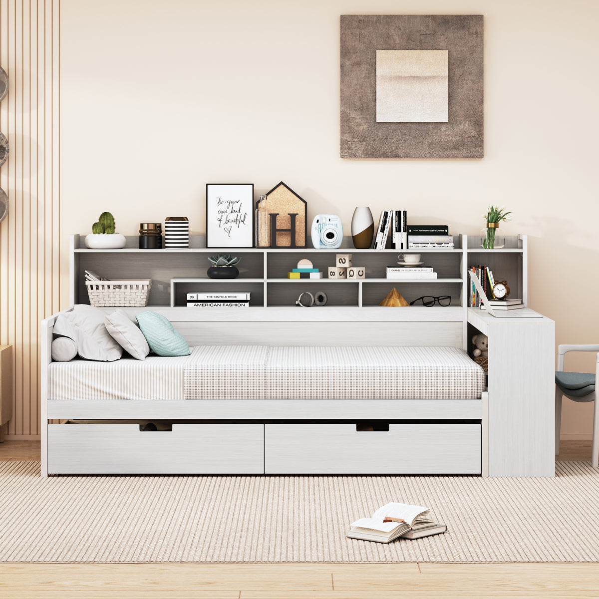 variant-group:rf-n733s241484k|Roomfitters Wooden Twin Size Daybed with Storage Shelves, Multi-functional Bed with Two Storage Compartments and Study Desk, Antique White