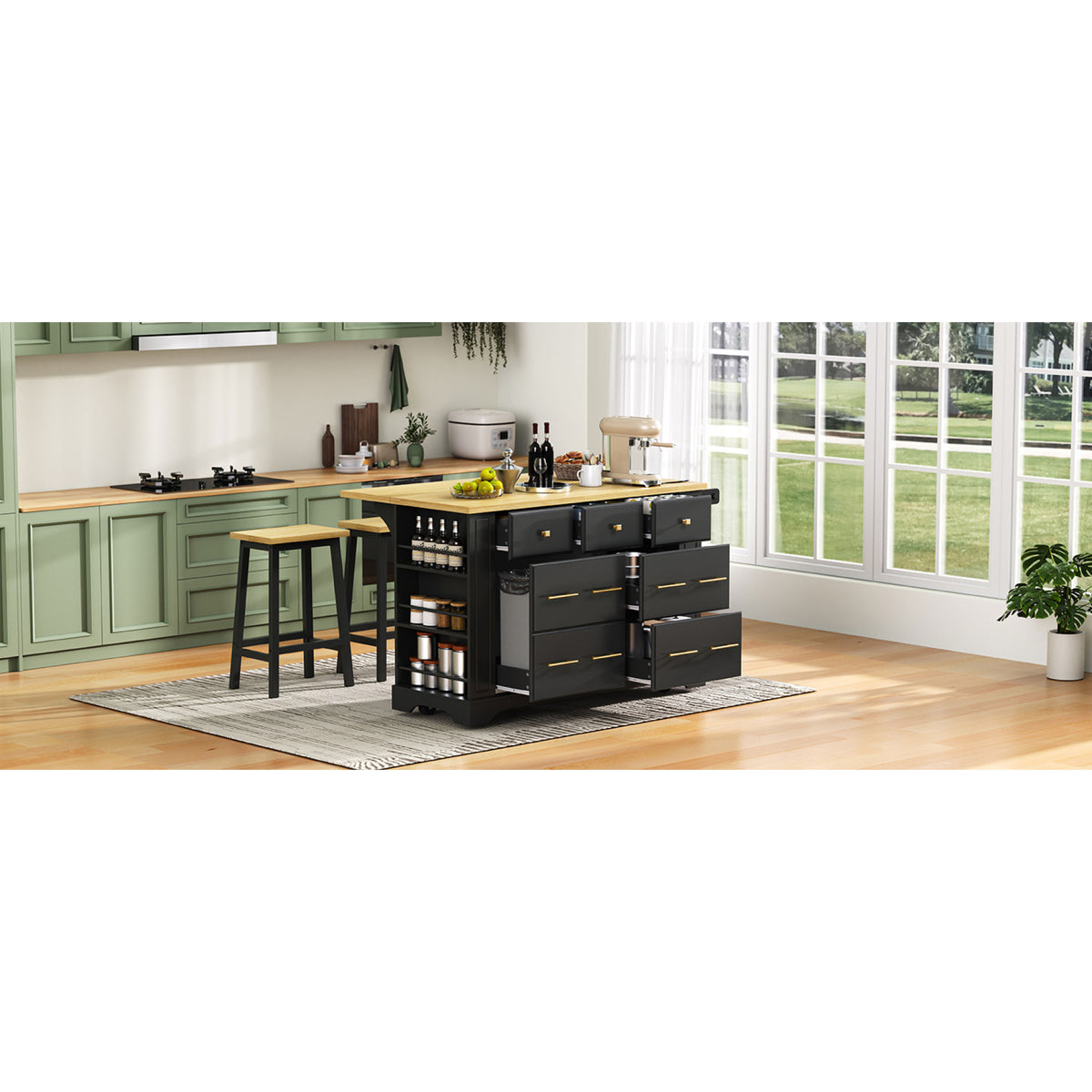variant-group:rf-n707s307292b|Roomfitters 51" Kitchen Island with Power Outlet and Drop Leaf, Rolling Cabinet with Pull-Out Trash Can Drawer, Black