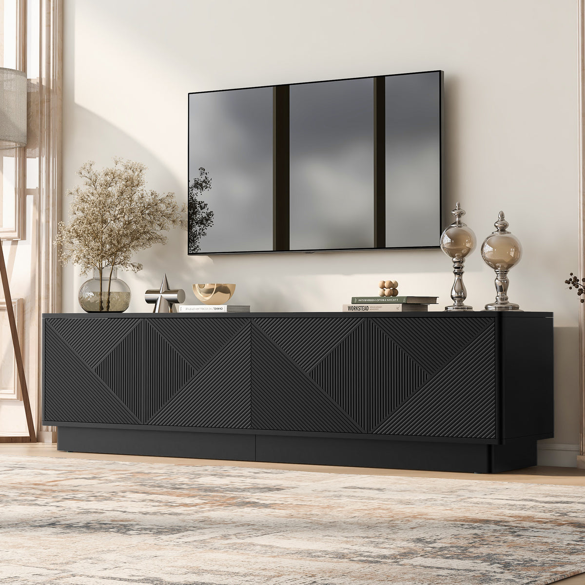 variant-group:rf-n724p426846b|Roomfitters Stylish 4-Door Wave Design TV Console with 16-Color USB LED Light, Black