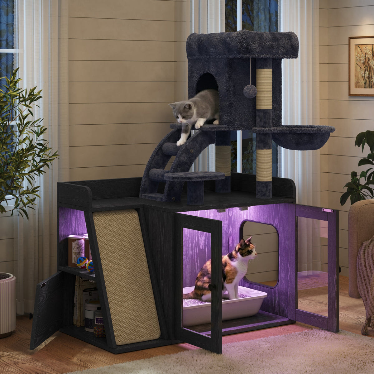 Roomfitters Modular Litter Box Enclosure with Built-In Cat Tree Tower Sisal Scratching Board and LED Light Black Roomfitters