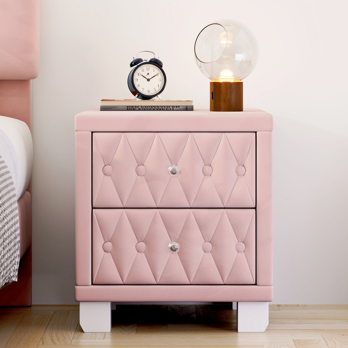 variant-group:rf-n733p210398h|Roomfitters Velvet Nightstand with Crystal Handles, Button-Tufted Upholstered Bedside Table with Two Storage Compartments, Pink