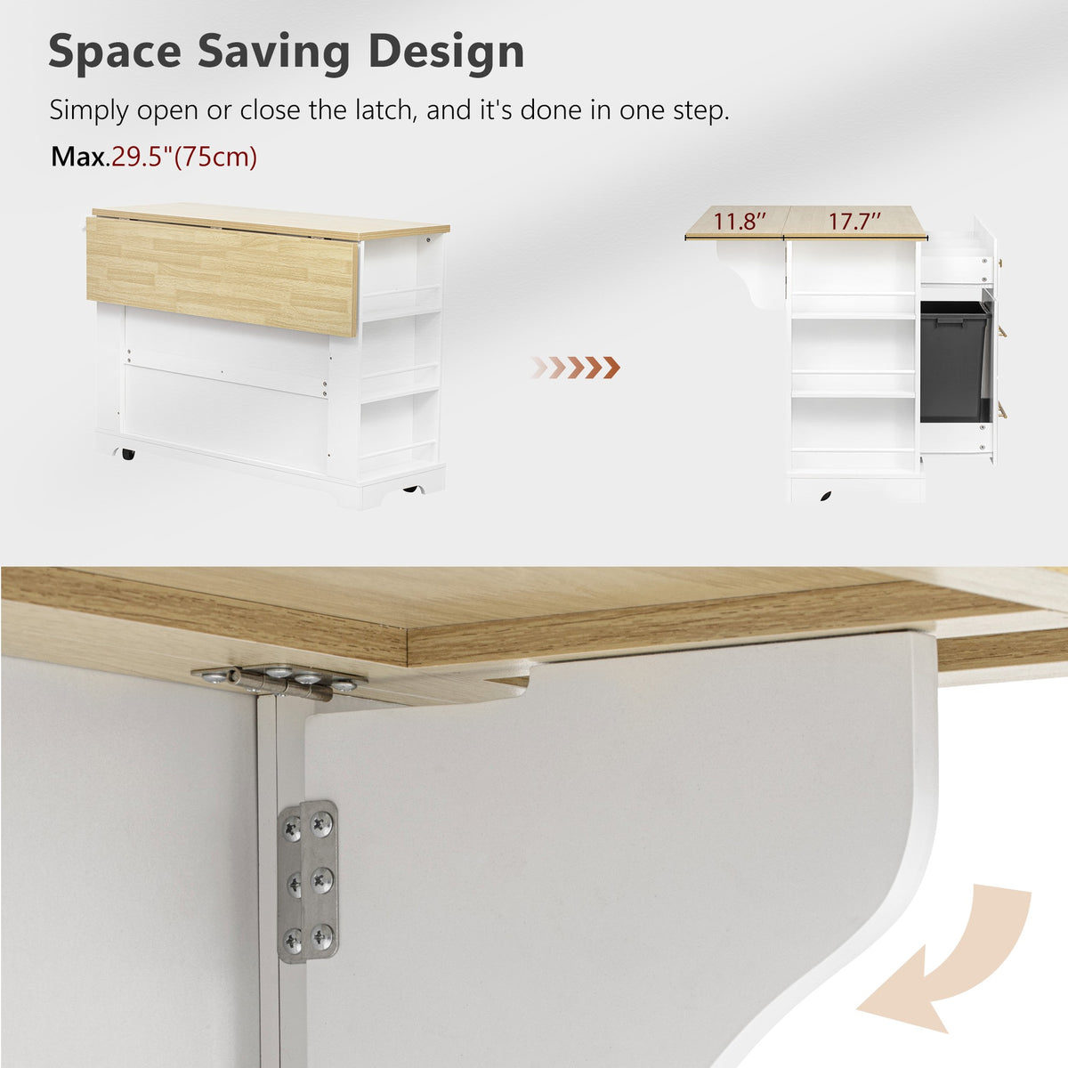variant-group:rf-n707s307292w|Roomfitters 51" Kitchen Island with Power Outlet and Drop Leaf, Rolling Cabinet with Pull-Out Trash Can Drawer, White