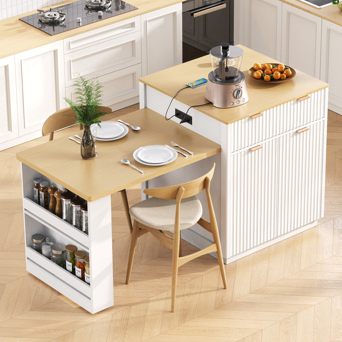 variant-group:rf-n707s000018w|Roomfitters 82.6" Fluted Kitchen Island with 51" Extendable Dining Table for 4-6, Power Outlet, White