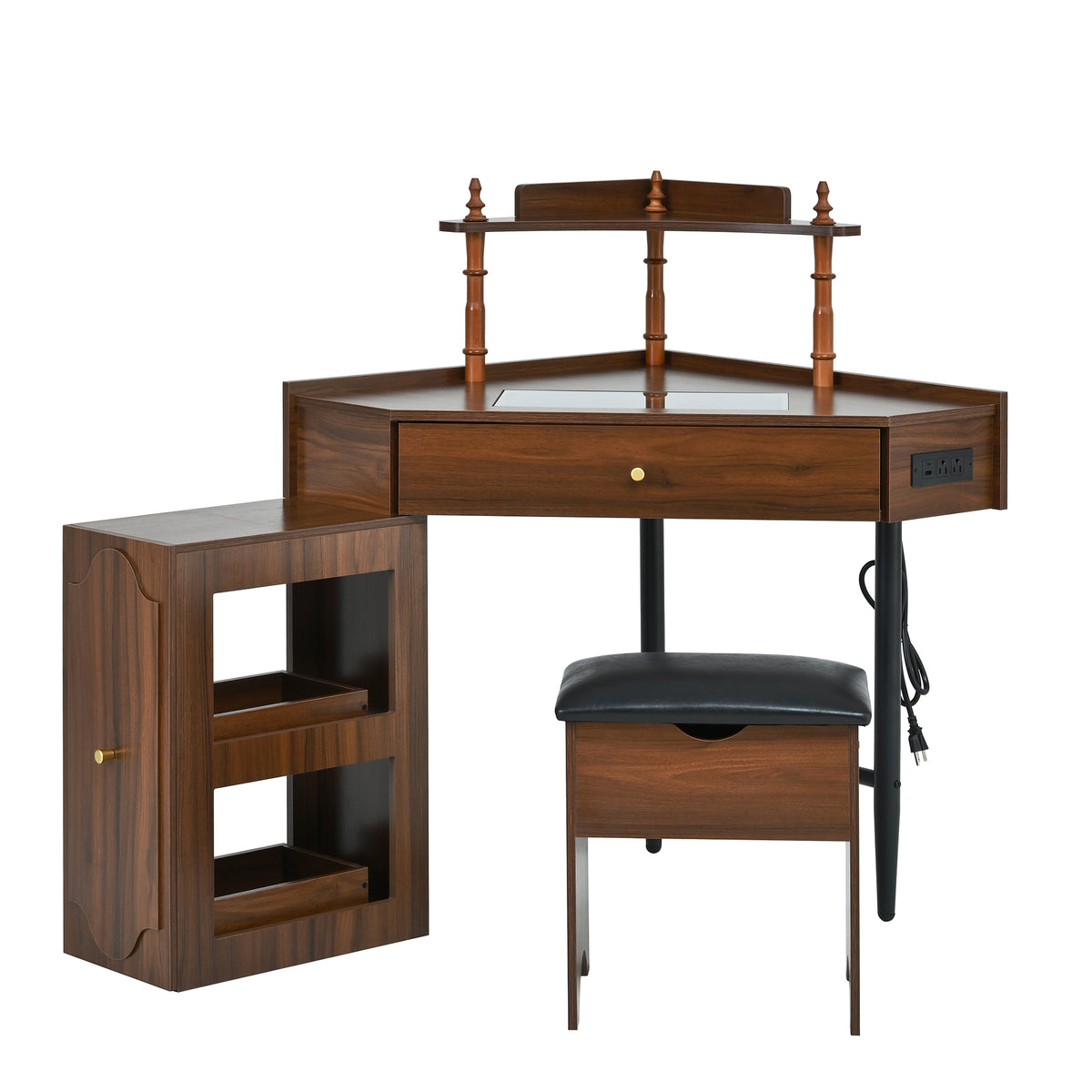 variant-group:rf-n733p336237d|Roomfitters Corner Vanity Desk Set with Stool, Charging Station, Glass Top, Drawer, Shelf, Pull-Out Cabinet, Walnut