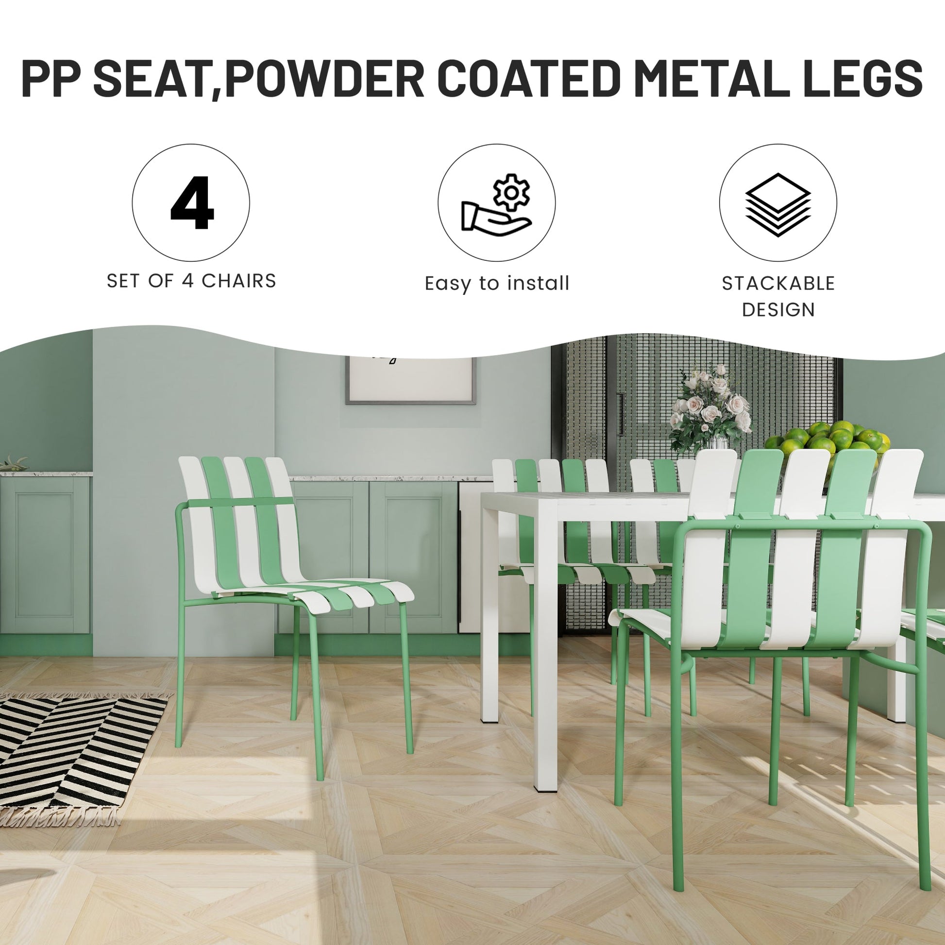 Summer- 4-Pack Modern Striped Color Block Chairs - Waterproof PP Seat & Sturdy Metal Legs, Indoor/Outdoor Dining Set for Patio, Balcony, Café (White & Green) Roomfitters