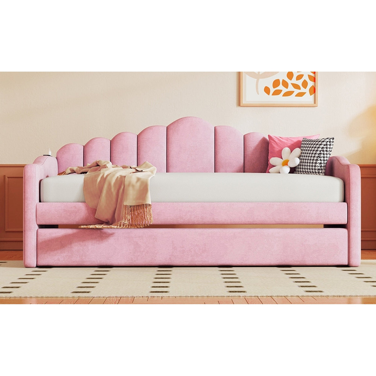 Roomfitters Twin Upholstered Daybed with Trundle, Velvet Sofa Bed with USB Charging Ports, No Box Spring, Pink